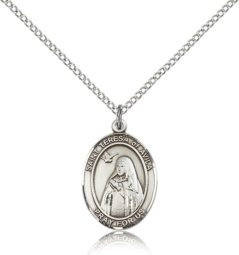 St. Teresa of Avila Medal, Sterling Silver, Medium - 18&quot; 1.2mm Sterling Silver Chain + Clasp
