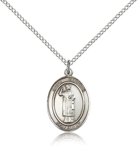 St. Stephen the Martyr Medal, Sterling Silver, Medium - 18&quot; 1.2mm Sterling Silver Chain + Clasp