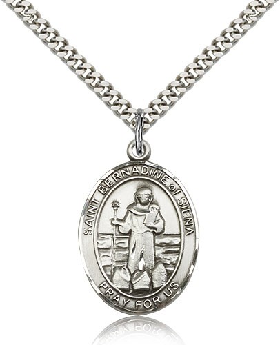 St. Bernadine of Sienna Medal, Sterling Silver, Large - 24&quot; 2.4mm Rhodium Plate Chain + Clasp