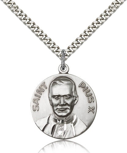Pope Pius X Medal, Sterling Silver - 24&quot; 2.4mm Rhodium Plate Endless Chain