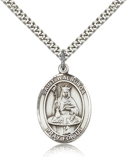 St. Walburga Medal, Sterling Silver, Large - 24&quot; 2.4mm Rhodium Plate Chain + Clasp