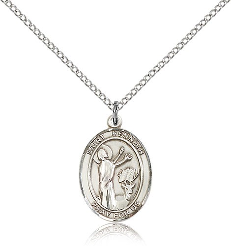 St. Kenneth Medal, Sterling Silver, Medium - 18&quot; 1.2mm Sterling Silver Chain + Clasp