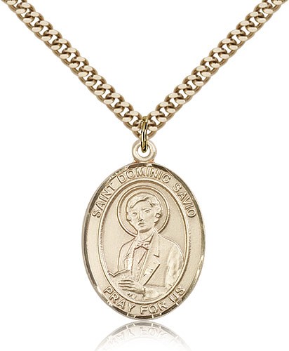 St. Dominic Savio Medal, Gold Filled, Large - 24&quot; 2.4mm Gold Plated Chain + Clasp
