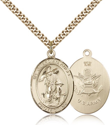 Guardian Angel Army Medal, Gold Filled, Large - 24&quot; 2.4mm Gold Plated Chain + Clasp