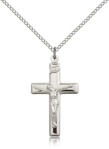 Crucifix Pendant, Sterling Silver - 18&quot; 1.2mm Sterling Silver Chain + Clasp