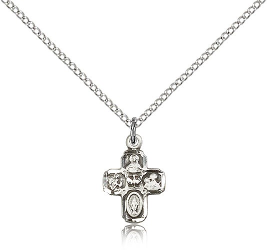 4 Way Cross Pendant, Sterling Silver - 18&quot; 1.2mm Sterling Silver Chain + Clasp