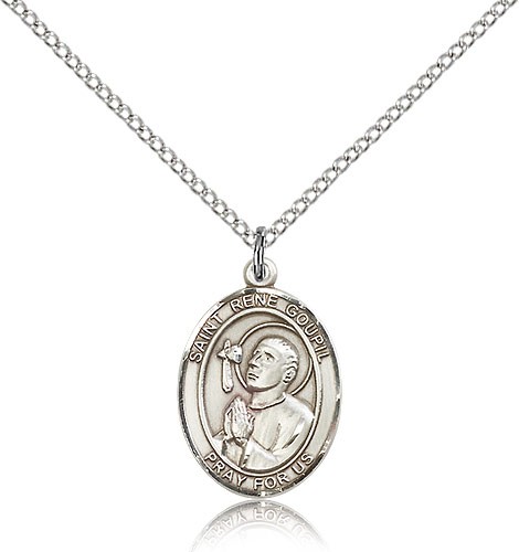 St. Rene Goupil Medal, Sterling Silver, Medium - 18&quot; 1.2mm Sterling Silver Chain + Clasp