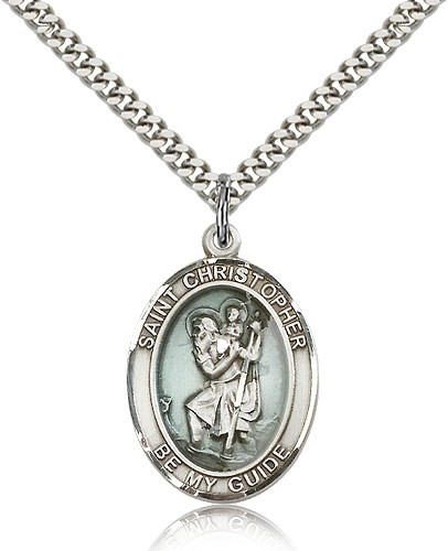 St. Christopher Medal with Blue Enamel, Sterling Silver, Large - 24&quot; 2.4mm Rhodium Plate Chain + Clasp