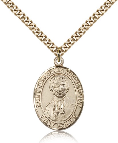 St. Marcellin Champagnat Medal, Gold Filled, Large - 24&quot; 2.4mm Gold Plated Chain + Clasp