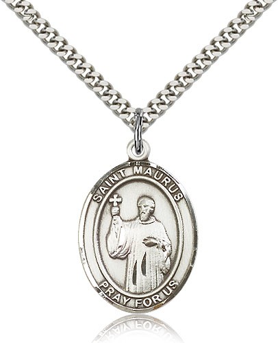 St. Maurus Medal, Sterling Silver, Large - 24&quot; 2.4mm Rhodium Plate Chain + Clasp