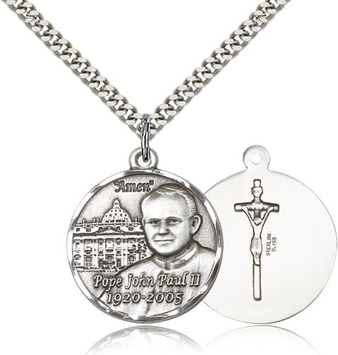 Pope John Paul II Vatican Medal, Sterling Silver - 24&quot; 2.4mm Rhodium Plate Endless Chain
