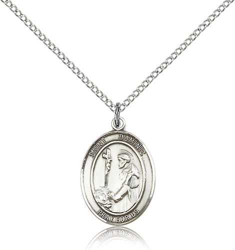 St. Dominic De Guzman Medal, Sterling Silver, Medium - 18&quot; 1.2mm Sterling Silver Chain + Clasp