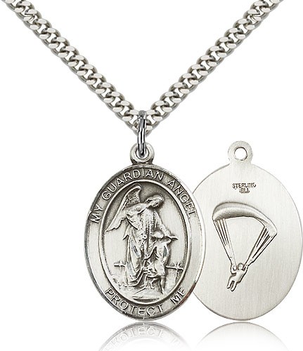 Guardian Angel Paratrooper Medal, Sterling Silver, Large - 24&quot; 2.4mm Rhodium Plate Chain + Clasp