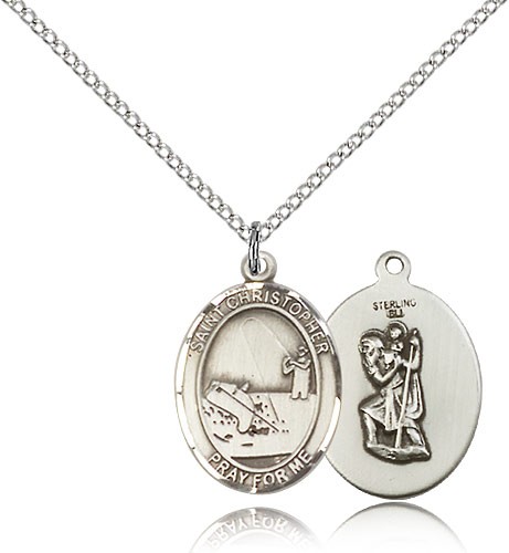 St. Christopher Fishing Medal, Sterling Silver, Medium - 18&quot; 1.2mm Sterling Silver Chain + Clasp