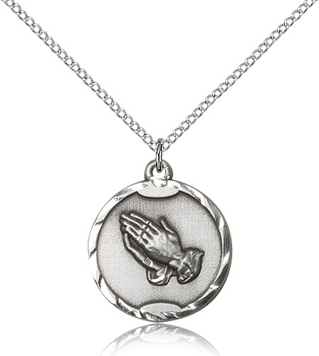 Praying Hands Medal, Sterling Silver - 18&quot; 1.2mm Sterling Silver Chain + Clasp