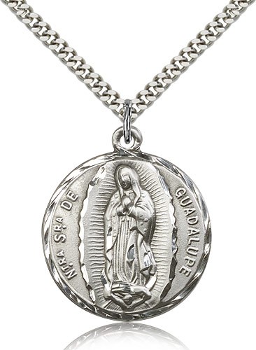 Our Lady of Guadalupe Medal, Sterling Silver - 24&quot; 2.4mm Rhodium Plate Endless Chain