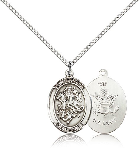 St. George Army Medal, Sterling Silver, Medium - 18&quot; 1.2mm Sterling Silver Chain + Clasp