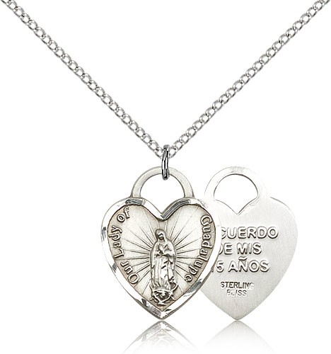 Our Lady of Guadalupe Heart Recuerdo Medal, Sterling Silver - 18&quot; 1.2mm Sterling Silver Chain + Clasp