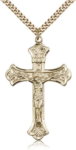 14kt Gold Filled Crucifix Pendant with 24 Gold Plated Stainless Steel Heavy Curb Chain. 