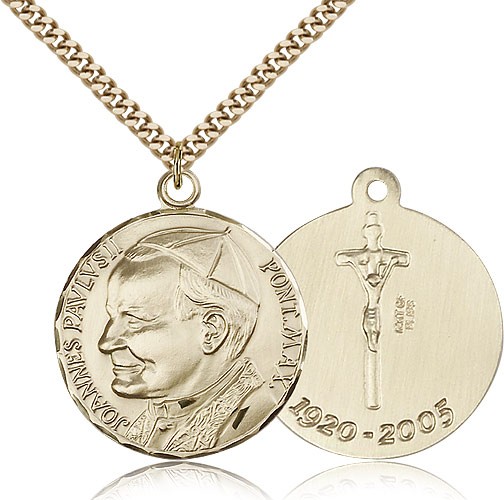 Pope John Paul II Medal, Gold Filled - 24&quot; 2.4mm Gold Plated Endless Chain