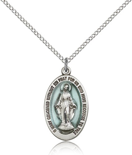 Miraculous Medal, Sterling Silver - 18&quot; 1.2mm Sterling Silver Chain + Clasp