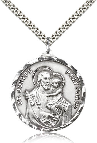 St. Joseph Medal, Sterling Silver - 24&quot; 2.4mm Rhodium Plate Endless Chain