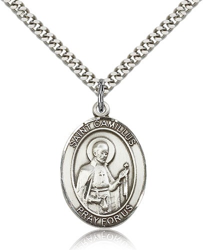 St. Camillus of Lellis Medal, Sterling Silver, Large - 24&quot; 2.4mm Rhodium Plate Chain + Clasp