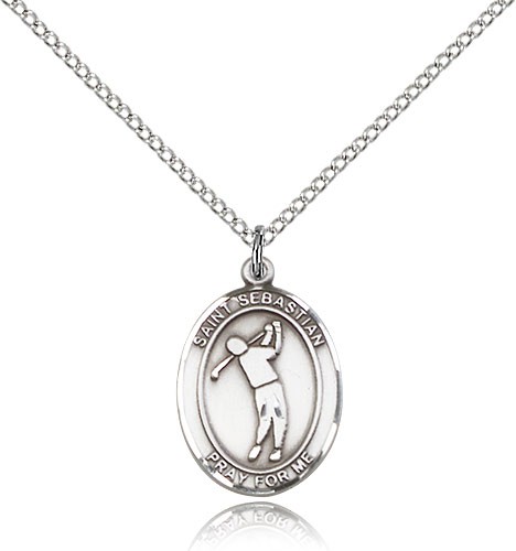 St. Sebastian Golf Medal, Sterling Silver, Medium - 18&quot; 1.2mm Sterling Silver Chain + Clasp