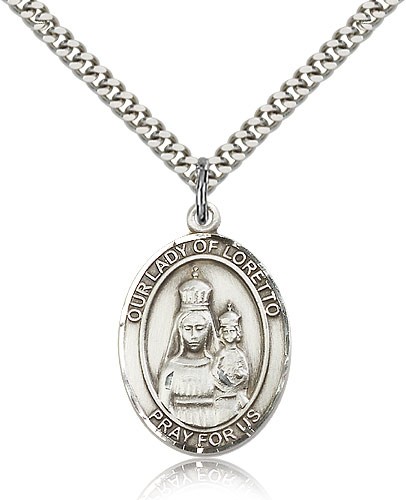 Our Lady of Loretto Medal, Sterling Silver, Large - 24&quot; 2.4mm Rhodium Plate Chain + Clasp