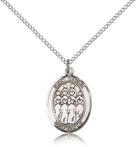 St. Cecilia Choir Medal, Sterling Silver, Medium - 18&quot; 1.2mm Sterling Silver Chain + Clasp