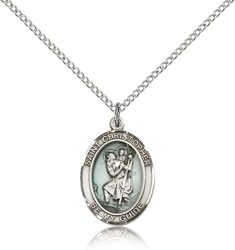 St. Christopher Medal, Sterling Silver, Medium - 18&quot; 1.2mm Sterling Silver Chain + Clasp