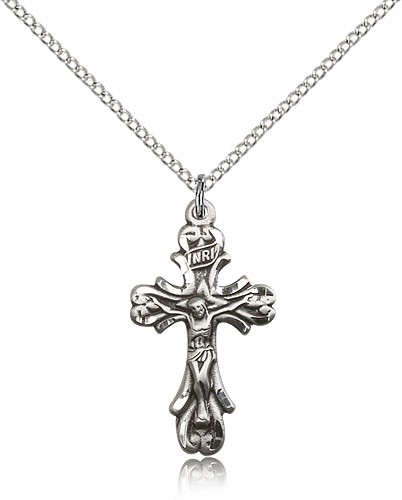 Crucifix Pendant, Sterling Silver - 18&quot; 1.2mm Sterling Silver Chain + Clasp