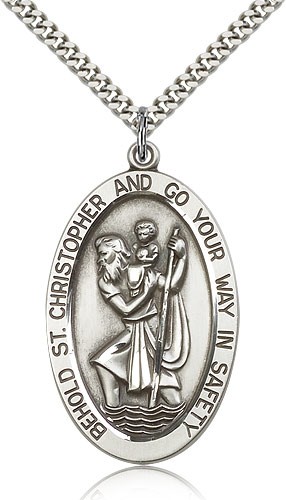 St. Christopher Medal, Sterling Silver - 24&quot; 2.4mm Rhodium Plate Endless Chain