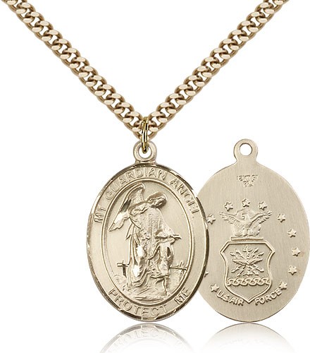 Guardian Angel Air Force Medal, Gold Filled, Large - 24&quot; 2.4mm Gold Plated Chain + Clasp