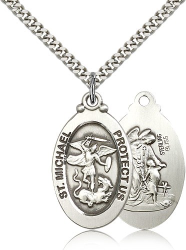 St. Michael the Archangel Medal, Sterling Silver - 24&quot; 2.4mm Rhodium Plate Endless Chain