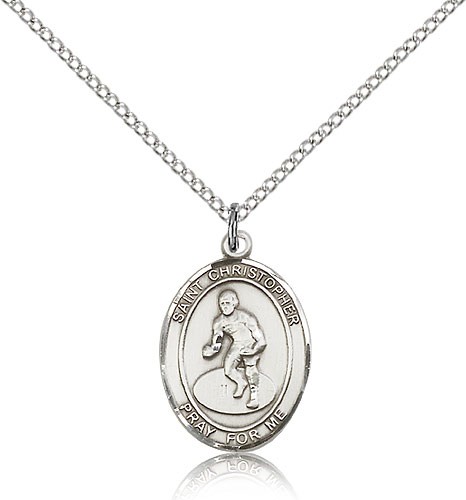St. Christopher Wrestling Medal, Sterling Silver, Medium - 18&quot; 1.2mm Sterling Silver Chain + Clasp