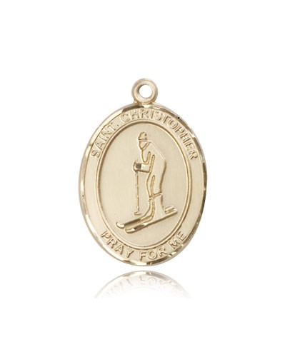 St. Christopher Skiing Medal, 14 Karat Gold, Large - 14 KT Yellow Gold