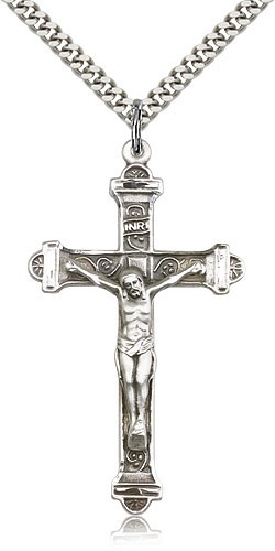 Men's Crucifix Pendant Antique Silver Accents Cross Bar Edges - 24&quot; 2.4mm Rhodium Plate Endless Chain