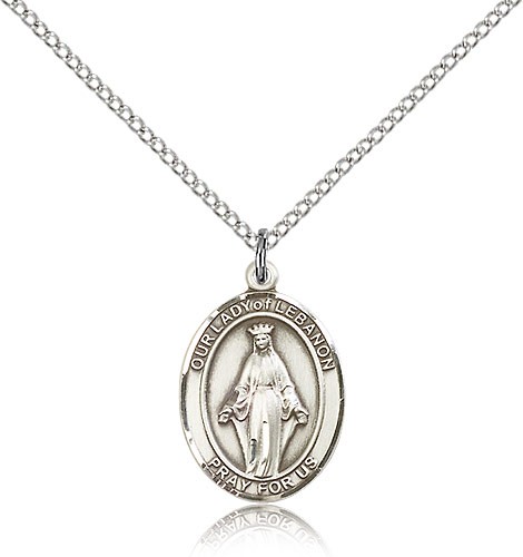Our Lady of Lebanon Medal, Sterling Silver, Medium - 18&quot; 1.2mm Sterling Silver Chain + Clasp