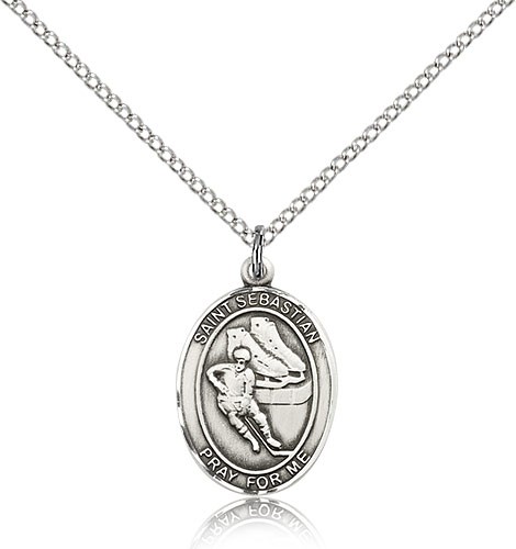 St. Sebastian Hockey Medal, Sterling Silver, Medium - 18&quot; 1.2mm Sterling Silver Chain + Clasp