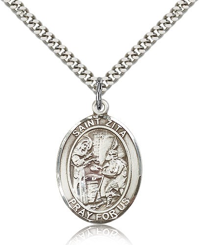 St. Zita Medal, Sterling Silver, Large - 24&quot; 2.4mm Rhodium Plate Chain + Clasp