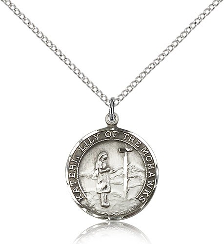 St. Kateri Medal, Sterling Silver - 18&quot; 1.2mm Sterling Silver Chain + Clasp