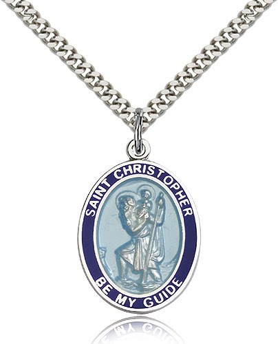 St. Christopher Medal, Sterling Silver, Large - 24&quot; 2.4mm Rhodium Plate Chain + Clasp