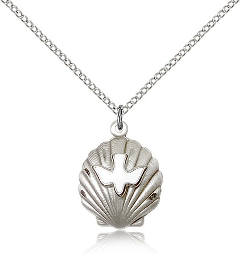 Shell Holy Spirit Medal, Sterling Silver - 18&quot; 1.2mm Sterling Silver Chain + Clasp