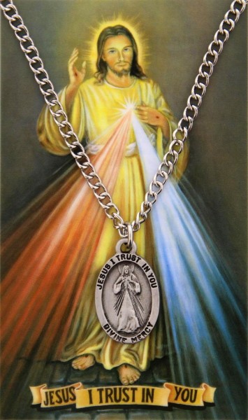 Oval Divine Mercy Medal and Prayer Card Set - Silver-tone