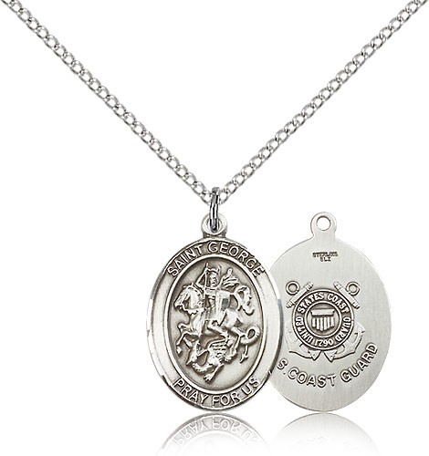 St. George Coast Guard Medal, Sterling Silver, Medium - 18&quot; 1.2mm Sterling Silver Chain + Clasp