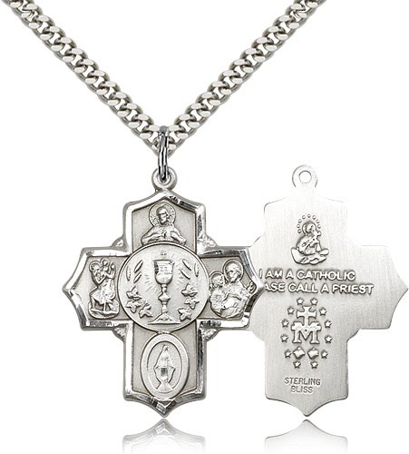 5 Way Cross Pendant, Sterling Silver - 24&quot; 2.4mm Rhodium Plate Endless Chain