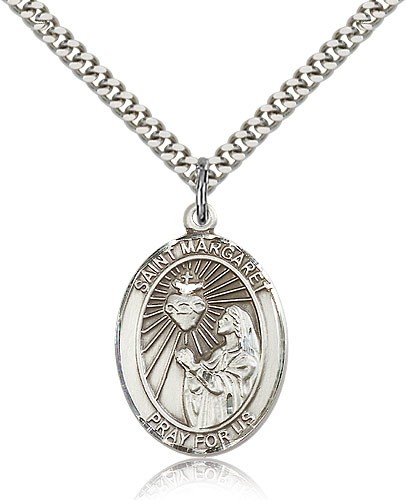 St. Margaret Mary Alacoque Medal, Sterling Silver, Large - 24&quot; 2.4mm Rhodium Plate Chain + Clasp