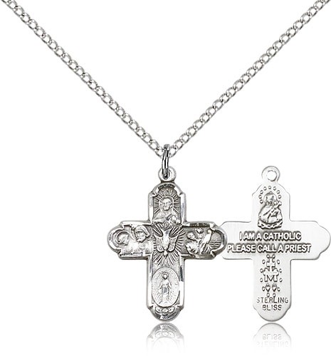 5 Way Cross Pendant, Sterling Silver - 18&quot; 1.2mm Sterling Silver Chain + Clasp