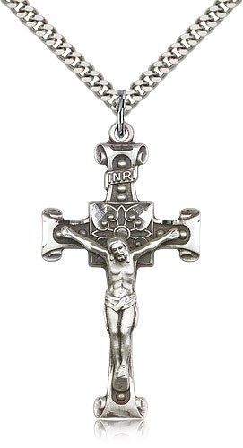 Crucifix Pendant, Sterling Silver - 24&quot; 2.4mm Rhodium Plate Endless Chain